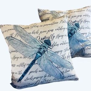 Set of 2 Dragonfly Throw Accent Pillows 12 X 12 Turquoise Teal Cream Outdoor